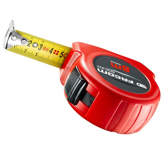 Facom 893B_825 red tape measure with yellow measuring tape extended, product photography on white background.