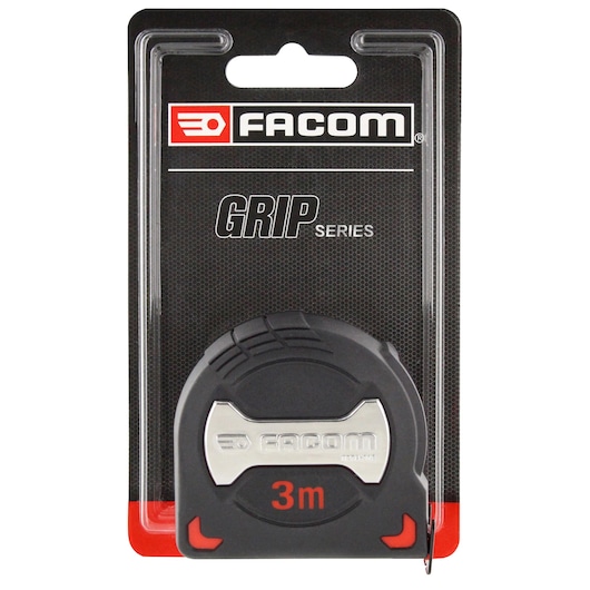 Facom 897A.319PB tape measure, 3m, black and silver, photographed in retail packaging, front view.