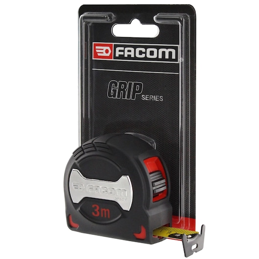 Facom 897A.319PB tape measure 3m with black and red grip, front angle on white background, in retail packaging.