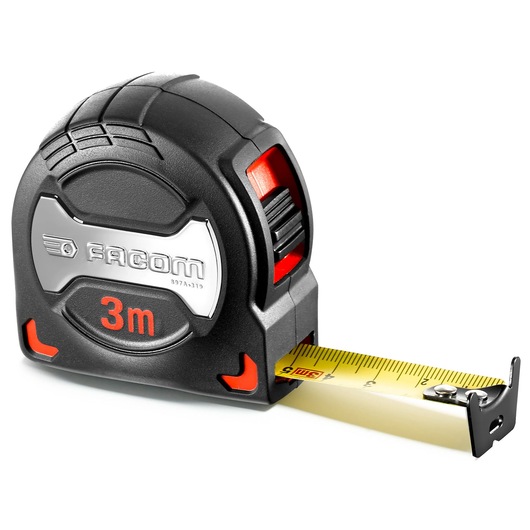 Facom 897A_319 tape measure, 3 meter length, black and red casing, yellow measuring tape, white background, angled view.