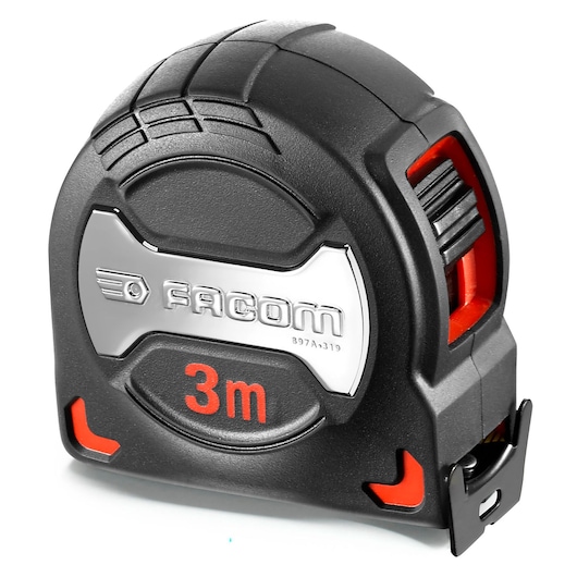 Facom 897A_319 tape measure, 3 meter, black and red, front angle on white background.