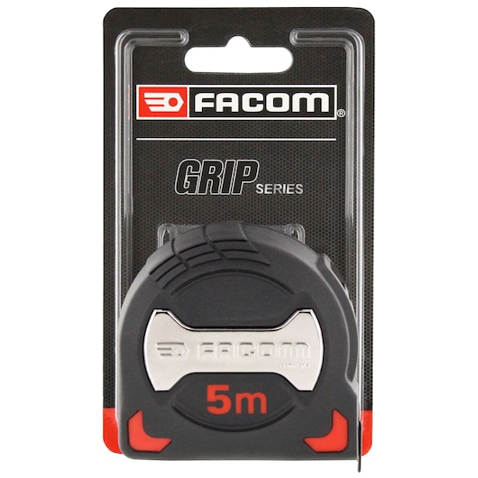 Facom 5m tape measure, GRIP series, model 897A.528PB, front view on white background, black and red casing.