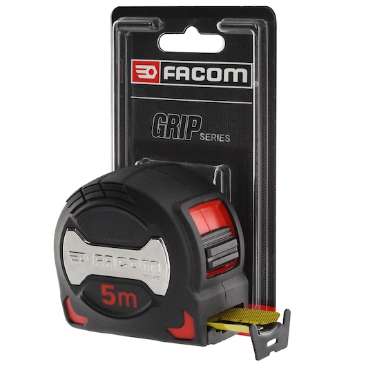 Facom 897A.528PB 5m tape measure with black and red grip, front angle on white background, in retail packaging.
