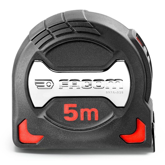 Facom 897A_528 tape measure, 5 meters, black with red accents, front view on white background.