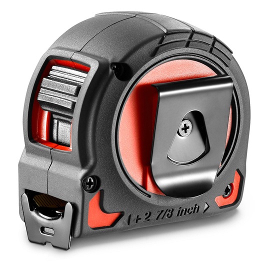 Facom 897A_528 tape measure, black with red accents and metal clip, front angle photo.