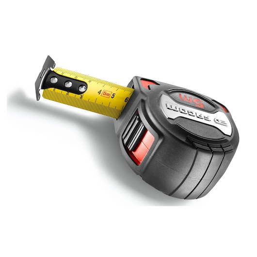 Facom 897A_528 tape measure, black and red casing, yellow blade, side angle on white background.