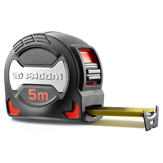 Facom 897A_528 photography of black and red 5m tape measure with yellow blade, front angle.