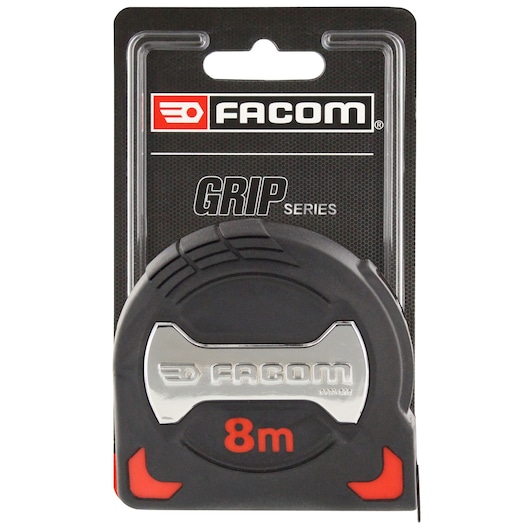 Photo of Facom 897A.828PB tape measure, 8m length, black and red, front view on white background.