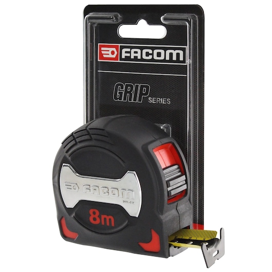 Photo of Facom 897A.828PB grip series 8m tape measure in black and red, front angle on white background.