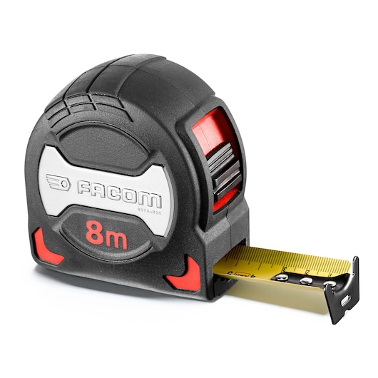 Facom 897A_828 black and red 8m tape measure, angled view on white background.