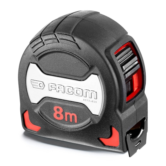 Facom 8m tape measure with black and red case, SKU 897A_828, shown at front angle on white background.