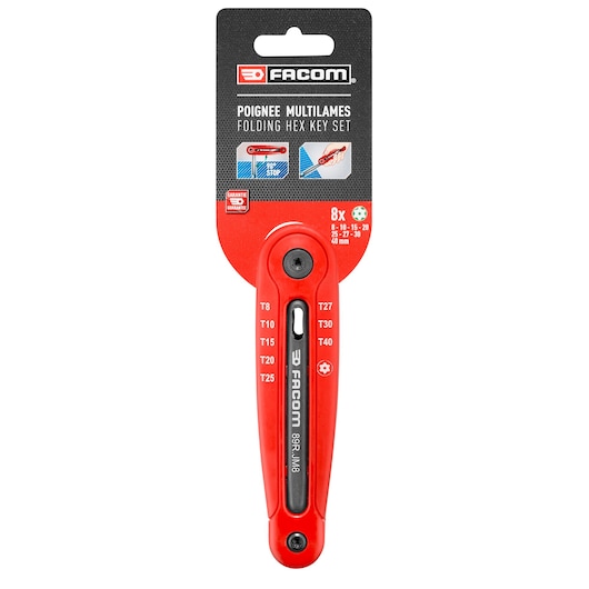 Facom 89R_JM8PB folding hex key set with red handle, Torx sizes listed, front view on white background.
