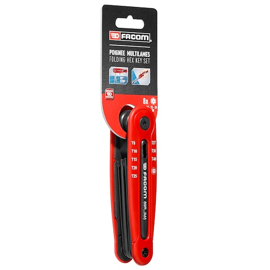Facom 89R_JM8PB folding hex key set with red handle, 8-piece Torx set in retail packaging, front angle.
