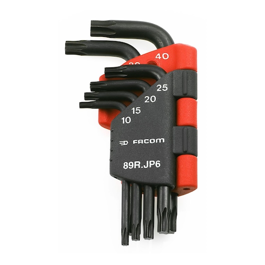 Facom 89R_JP6 Torx key set in black and red holder, front angle, six pieces with size markings.