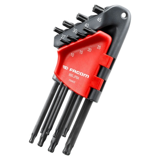 Facom 89S_JP8A Torx key set in red and black holder, top angle on white background.