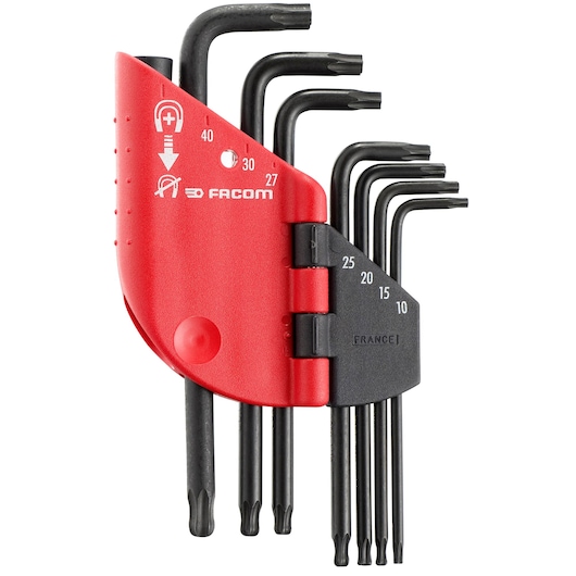 Facom 89SRJ7PB Torx key set with red and black case, seven pieces, front angle.