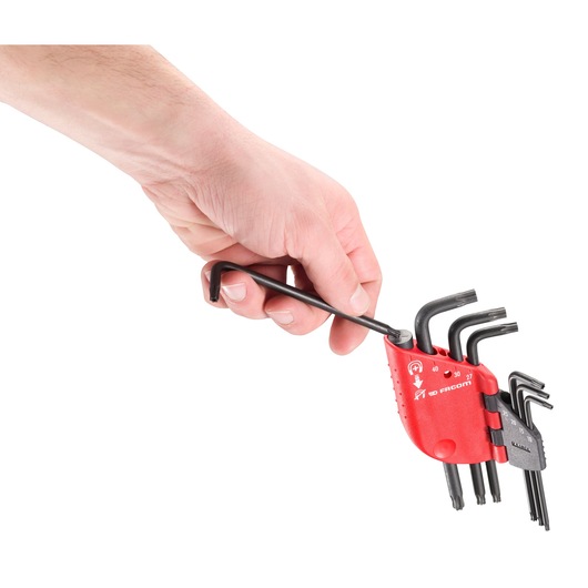 A hand holding a set of Facom hex and torx keys in a red holder, with one key being removed from the set.