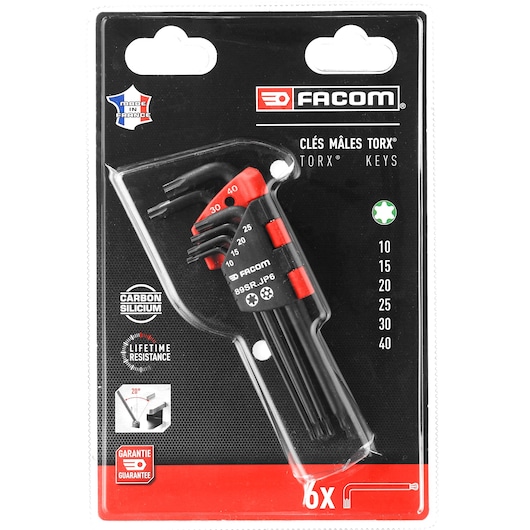 Facom 89SR.JP6PB Torx key set with six black and red wrenches in plastic holder, front packaging view.