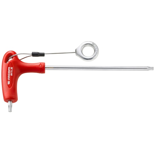 Facom 89TX_40SLS T-handle Torx key with red grip and safety tether, front angle, photography.