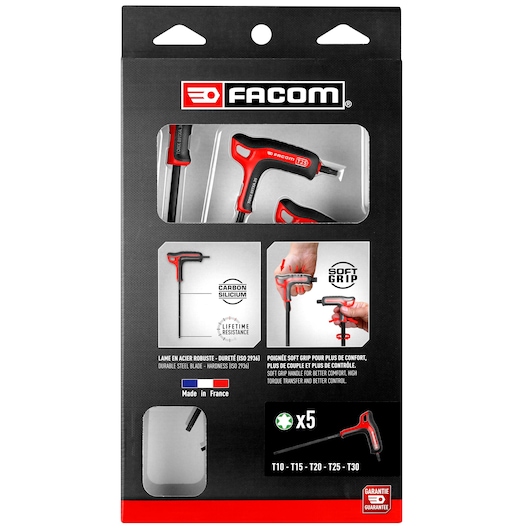 Facom 89TXA.PB set of 5 T-handle Torx keys with red and black soft grip handles, shown in packaging front view.