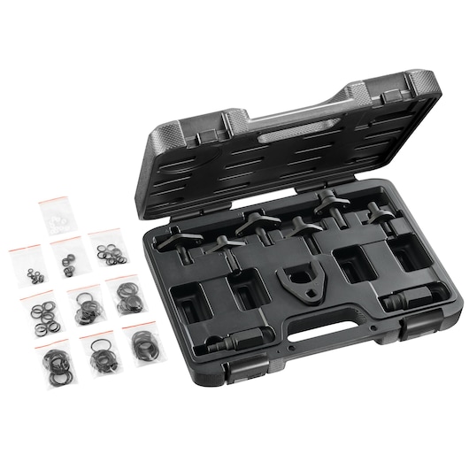 Facom 900_CRR automotive tool kit in black hard case with multiple tools and O-rings bags, top view, white background.
