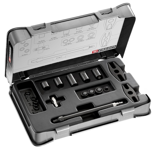 Facom 911_FIU automotive tool kit in black hard case, shown open with assorted sockets and components, top angle.