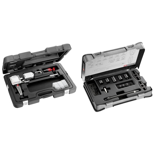 Facom 911A automotive tool set in two black hard cases with organized sockets, adapters, and components, top view.