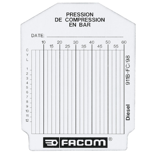 Facom 911B_FC compression pressure record card for diesel engines, white card with graph and logo, front view.