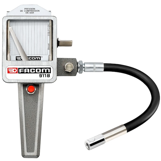 Facom 911B compression pressure gauge with hose, photographed on white background, SKU 912-01-02.