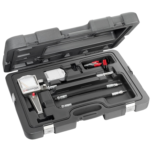 Facom diagnostic tool kit SKU 912 in black hard case, with gauges, hoses, and accessories, angled view.
