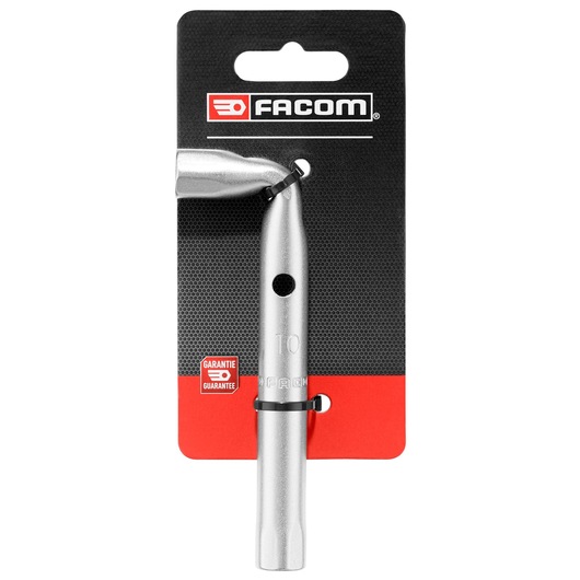 Photo of Facom 92A_10PB L-shaped silver socket wrench in retail packaging, front angle on white background.