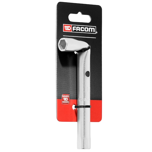 Photo of Facom 92A_10PB L-shaped socket wrench on retail packaging, silver metal, front angle, white background.