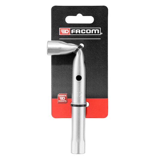 Photo of Facom angled box wrench, silver finish, size 12, SKU 92A_12PB, on black and red packaging, front angle.
