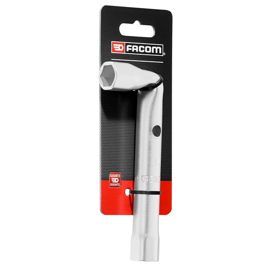 Facom 14mm angled box wrench 92A_14PB_P2 on retail card packaging, front angle, silver finish.