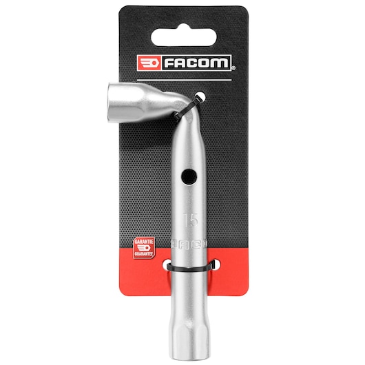 Facom 15mm angled box wrench, silver finish, shown vertically on retail packaging, 92A_15PB_P1.