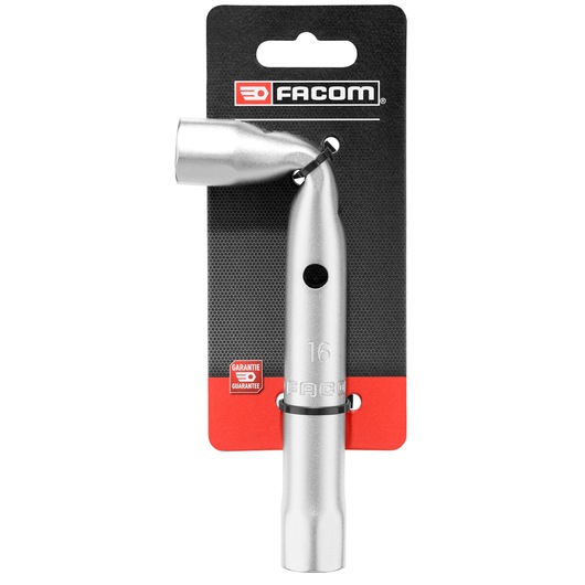 Facom 16mm angled box wrench, silver, attached to retail packaging, front view, 16MM_ANGLED_BOX_WRENCH.
