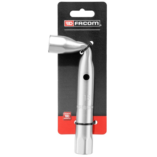 Photo of Facom 18mm angled box wrench 92A_18PB_P1 on packaging, silver finish, front view.