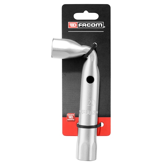 Facom 92A_20PB angled spark plug socket wrench, silver, size 20, photographed on packaging, front view.