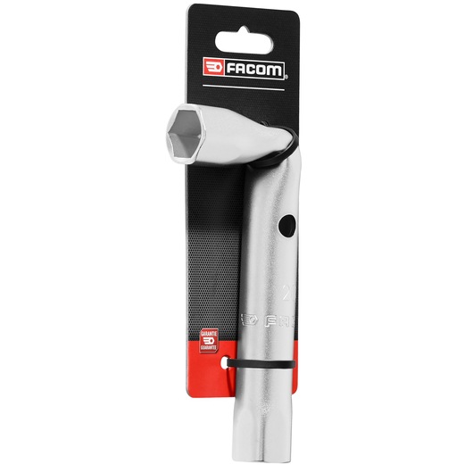Facom 92A_20PB angled box wrench silver finish, front view against white background, tool on retail card.