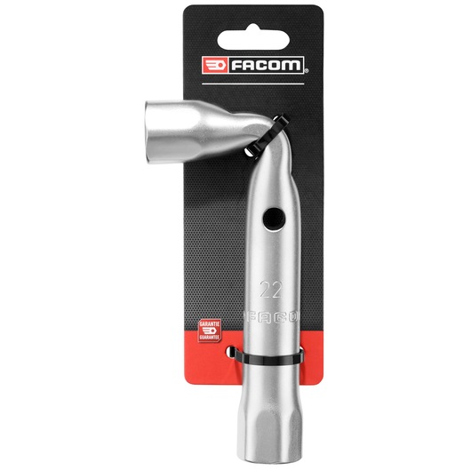 Photo of Facom 22mm angled box wrench 22MM_ANGLED_BOX_WRENCH, silver tool on retail packaging, front angle.