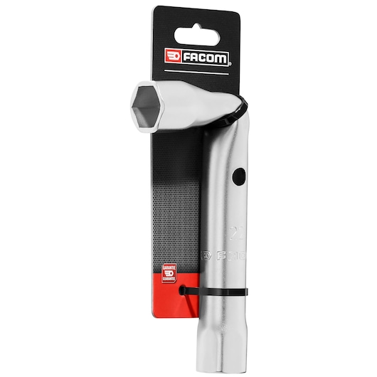 Photo of Facom 22mm angled box wrench 22MM_ANGLED_BOX_WRENCH on branded packaging, front view, silver finish.