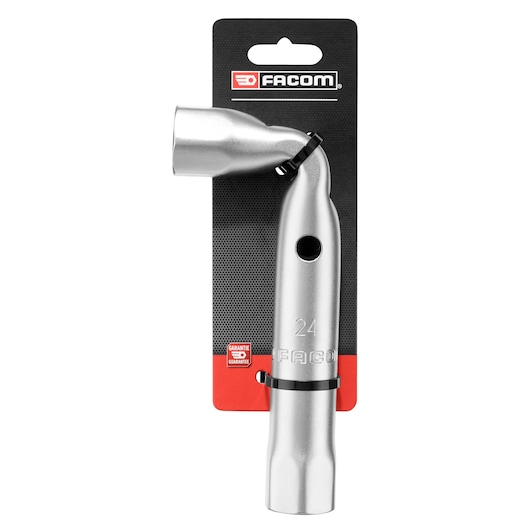 Photo of Facom 92A_24PB angled silver socket wrench with size marking 24, displayed on retail packaging, front view.