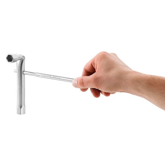 Facom 92A_8 T-handle socket wrench in use, silver finish, side angle on white background.