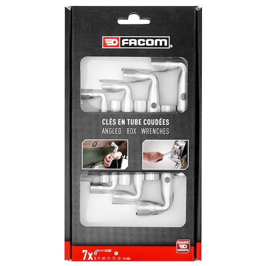 Facom 92A_JE7PB angled box wrench set in retail packaging, front view on white background.