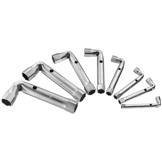 Facom 92AJE8 set of eight silver L-shaped hex socket wrenches arranged in a row, white background.