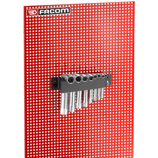 Facom socket holder with sockets mounted on red perforated panel, SKU 92A_P16M, side angle.
