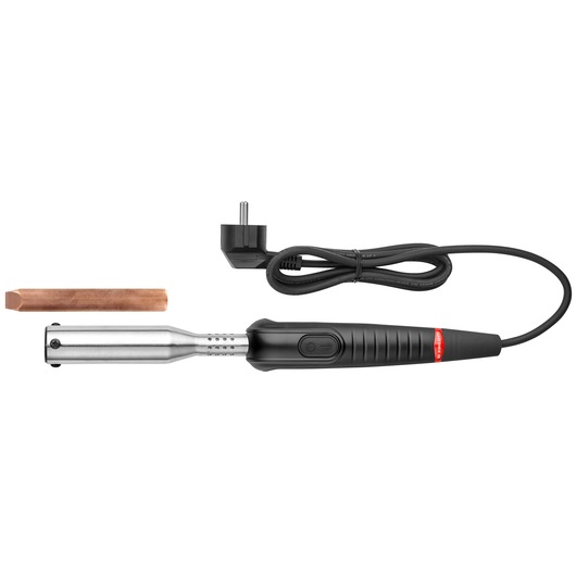 Facom electric soldering iron with black handle, attached cord, and copper rod, top view 947B.300.
