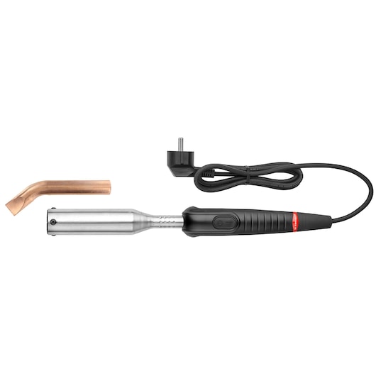 Facom 947B.500 electric soldering iron with black handle, power cord, and copper tip, side view on white background.