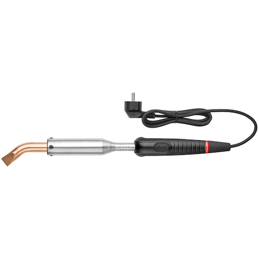 Facom 947B.500 electric soldering iron with black handle, angled copper tip, and power cord, side view on white.