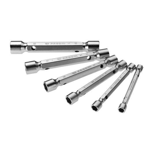 Facom 97JE6 set of six tubular box wrenches, chrome finish, various sizes, angled view, SKU 97JE6.